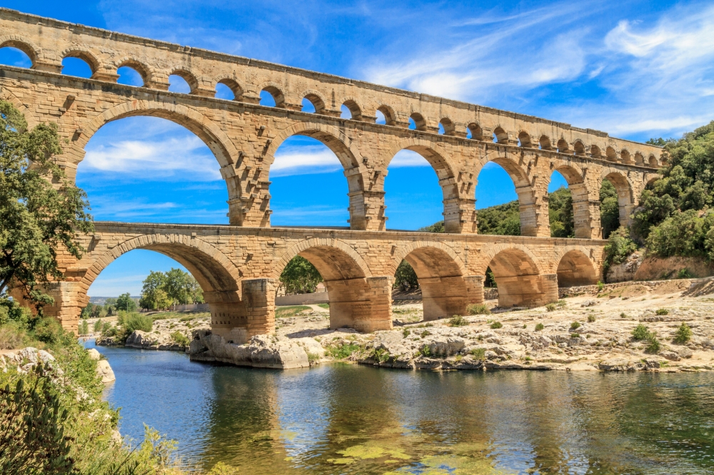 Pont du Gard is an old Roman aqueduct near Nimes in Southern France